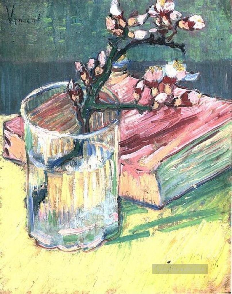 blühende Mandel Niederlassung in einem Glas mit einem Buch Vincent van Gogh impressionistische Blumen Ölgemälde